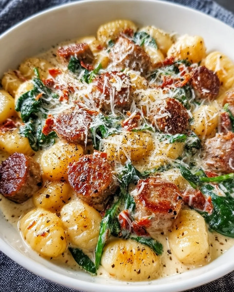 Creamy one-pot gnocchi sausage skillet dish garnished with herbs.