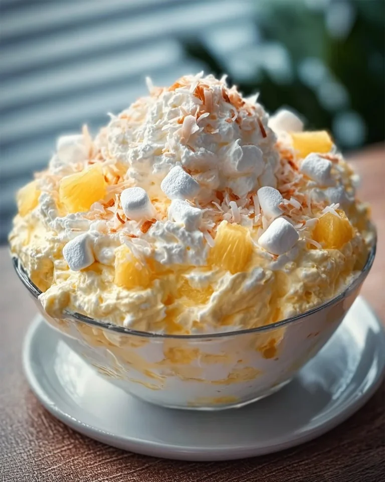 Creamy Pineapple Fluff dessert in a bowl topped with pineapple chunks