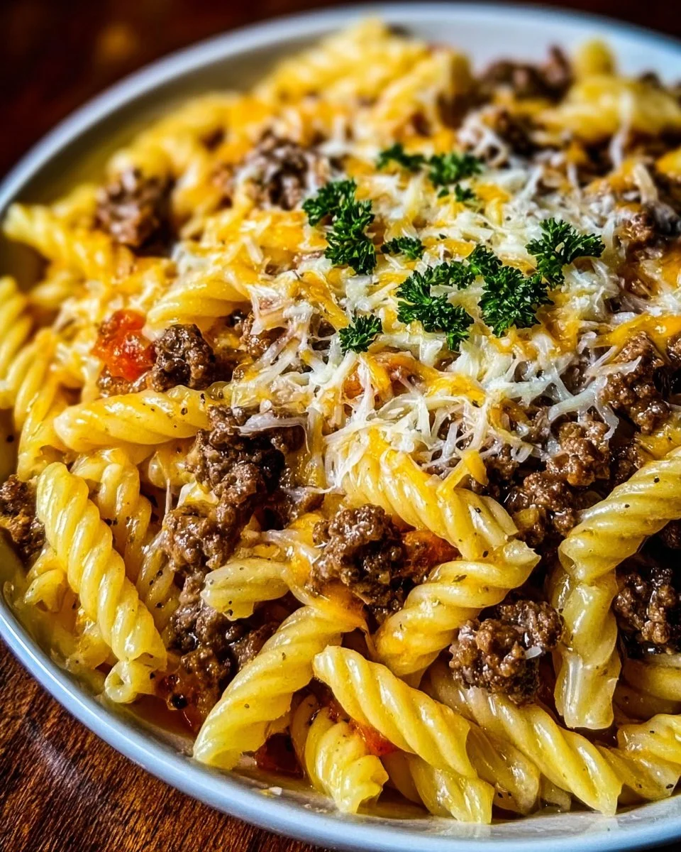 Creamy savory ground beef pasta ready to be served in a bowl.