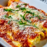 Creamy savory manicotti pasta filled with cheese and herbs served on a plate