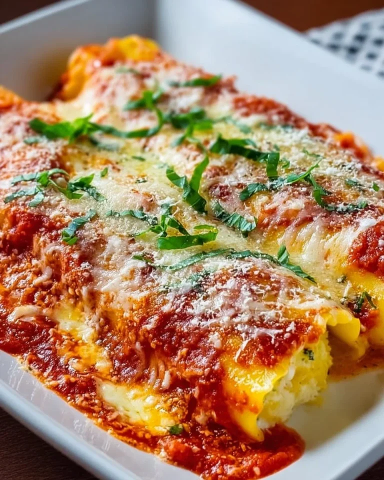 Creamy savory manicotti pasta filled with cheese and herbs served on a plate