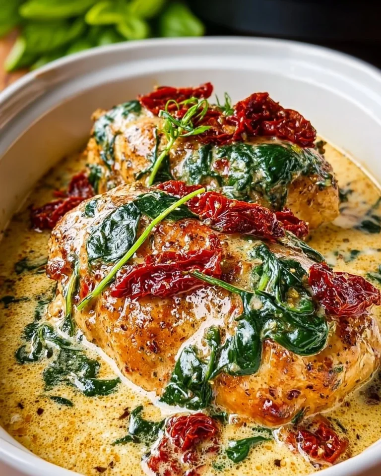 Creamy slow cooker chicken served in a rustic dish with herbs and vegetables