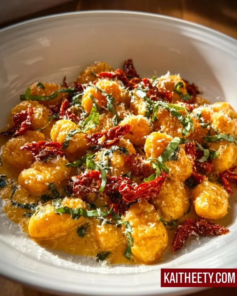 Creamy sun-dried tomato gnocchi served with fresh herbs and grated cheese