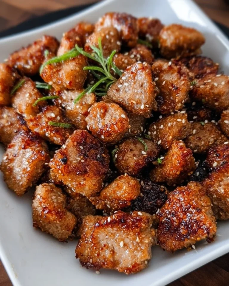 Crispy Sticky Pork Bites served on a plate with garnishes.