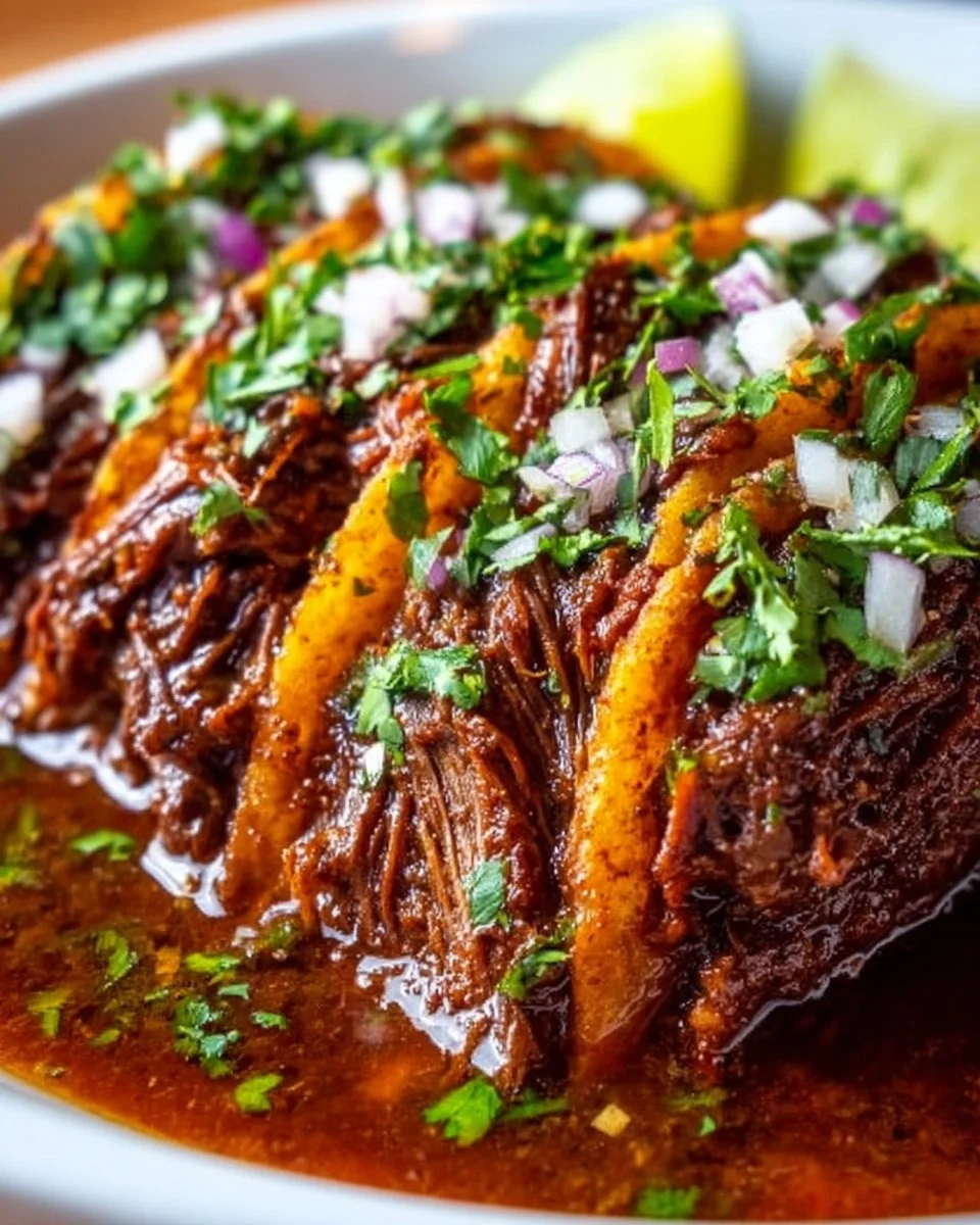Delicious Crock Pot Birria Tacos served with fresh toppings