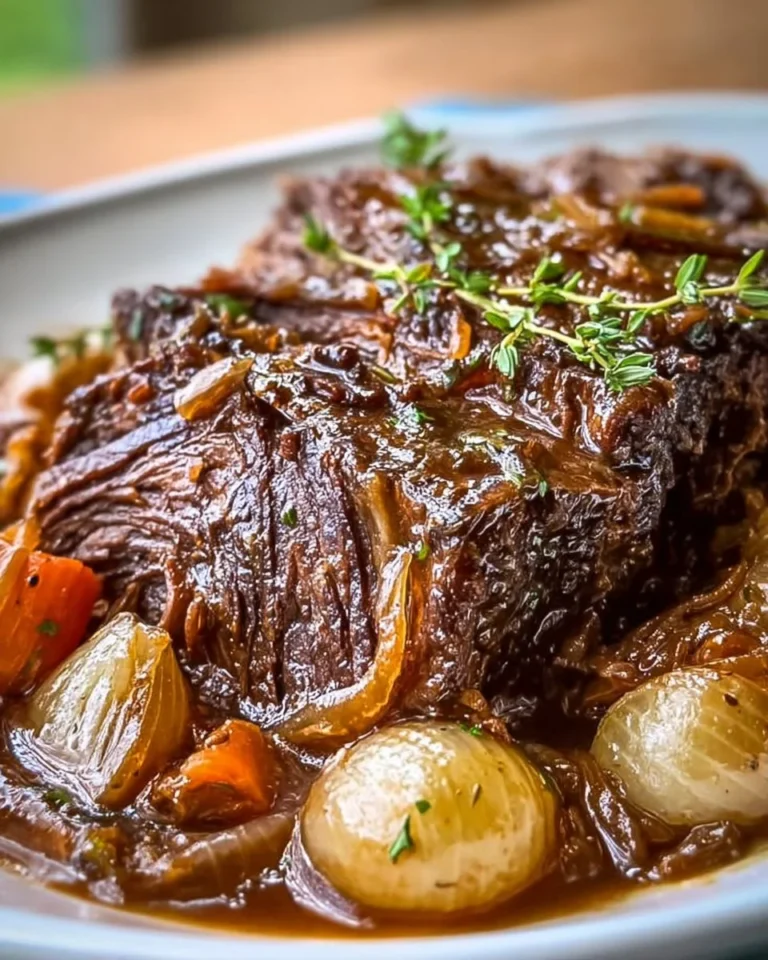 Crockpot French Onion Pot Roast served with aromatic herbs and vegetables