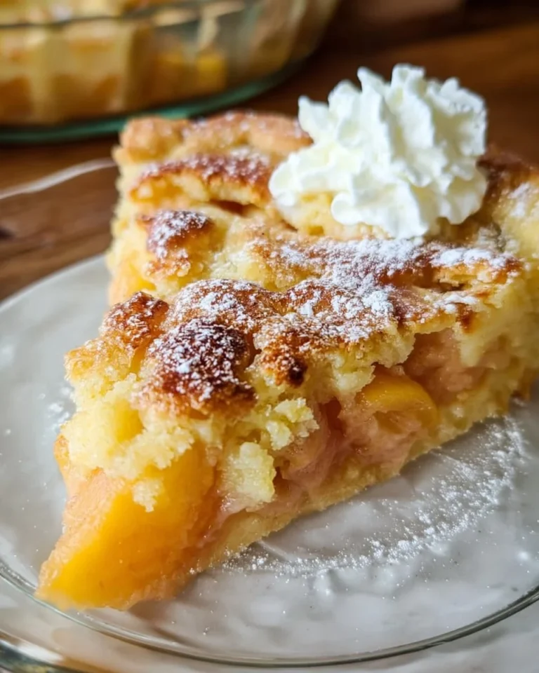 Crustless Peach Custard Pie with fresh peach slices and creamy filling