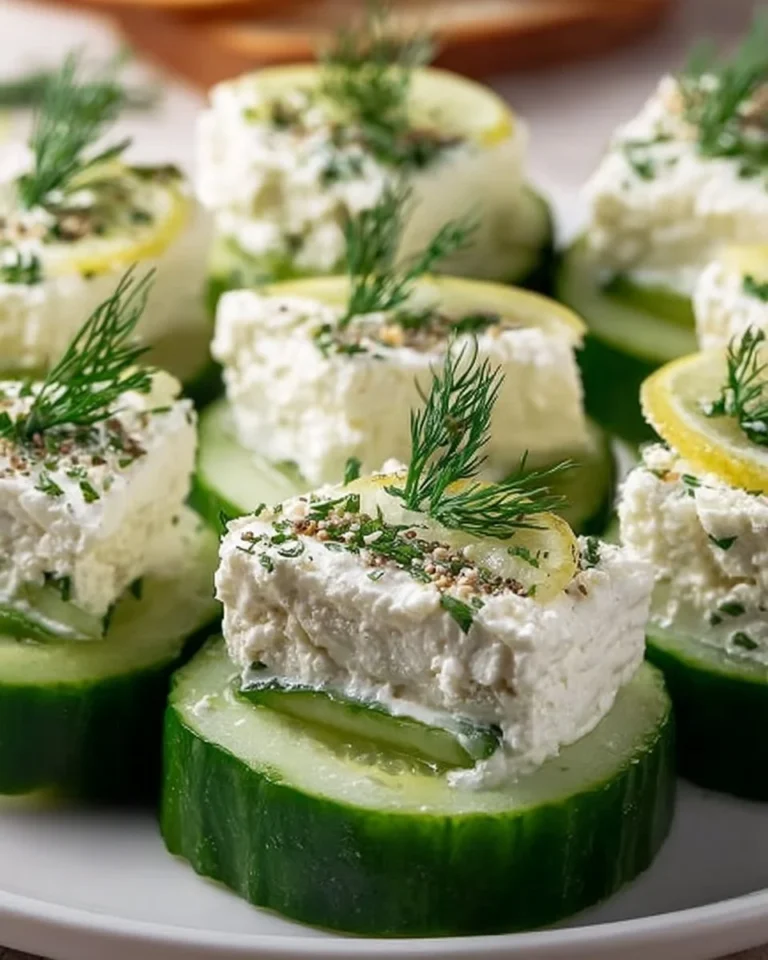 Cucumber bites topped with cream cheese filling on a platter