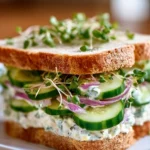 Cucumber salad sandwich on a plate, featuring fresh cucumbers and herbs.