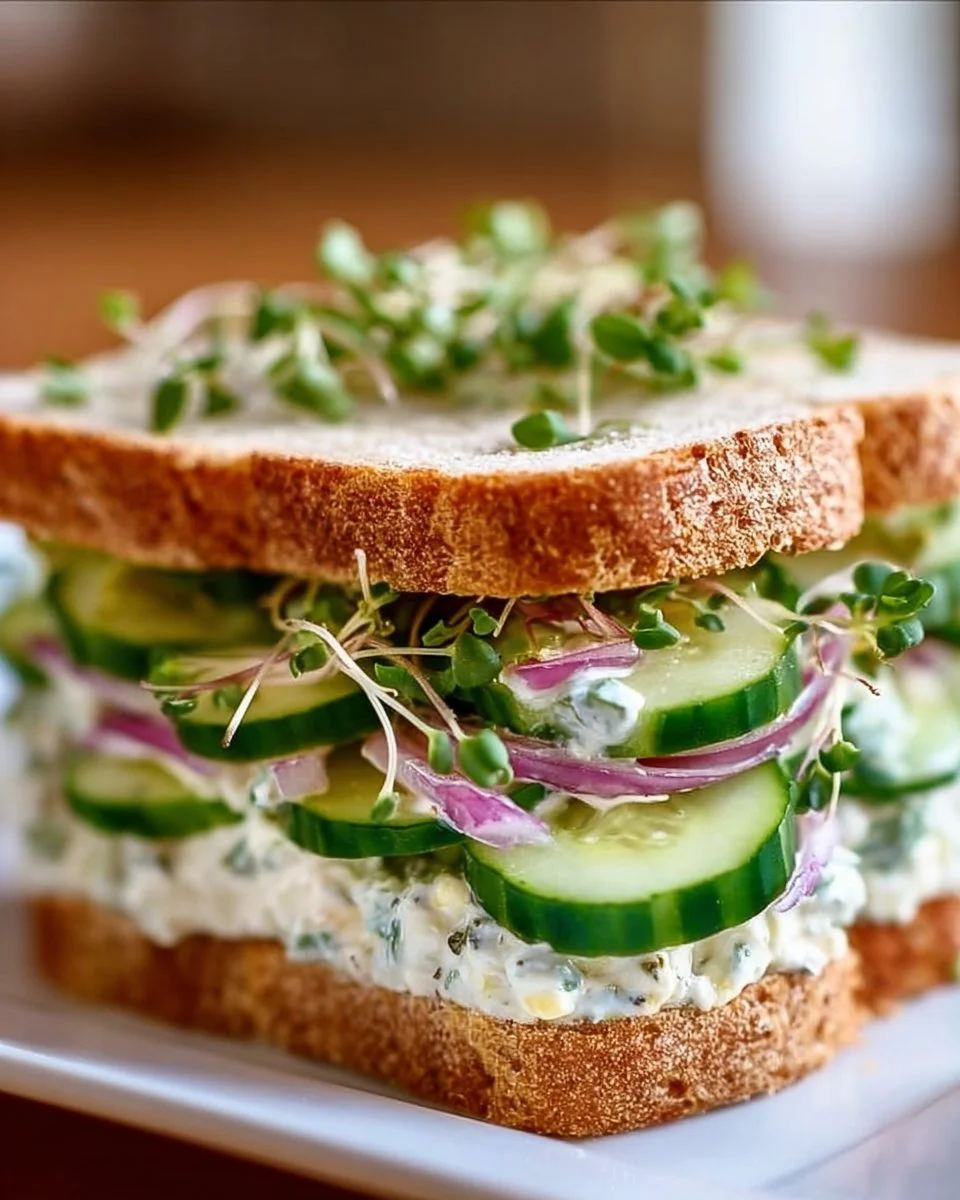 Cucumber salad sandwich on a plate, featuring fresh cucumbers and herbs.