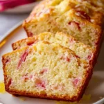 Slice of moist lemon rhubarb bread on a wooden table