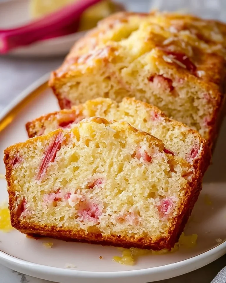 Slice of moist lemon rhubarb bread on a wooden table