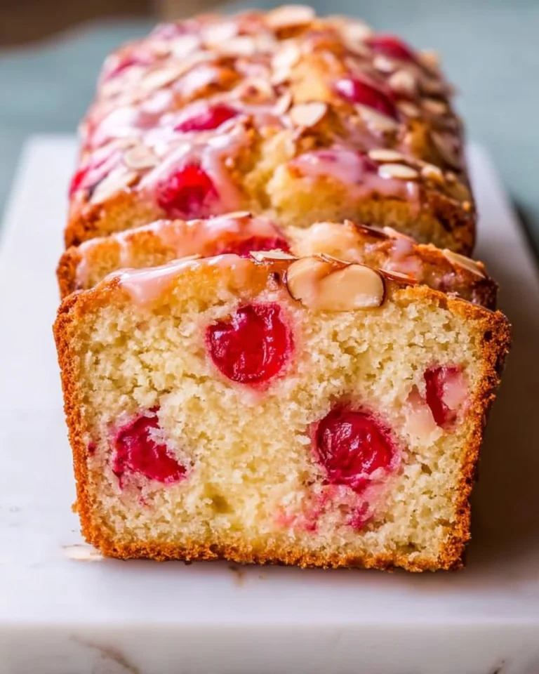 Loaf of Easter Cherry Almond Bread with slices cut and scattered cherries.