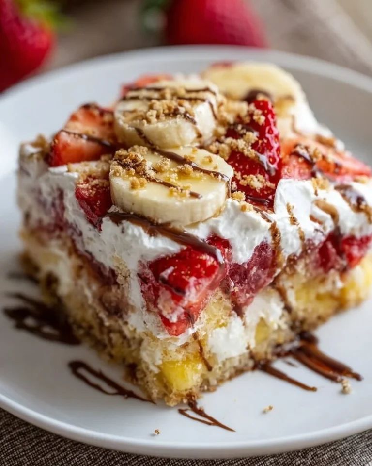 Delicious Easy Banana Split Dump Cake topped with bananas and whipped cream.