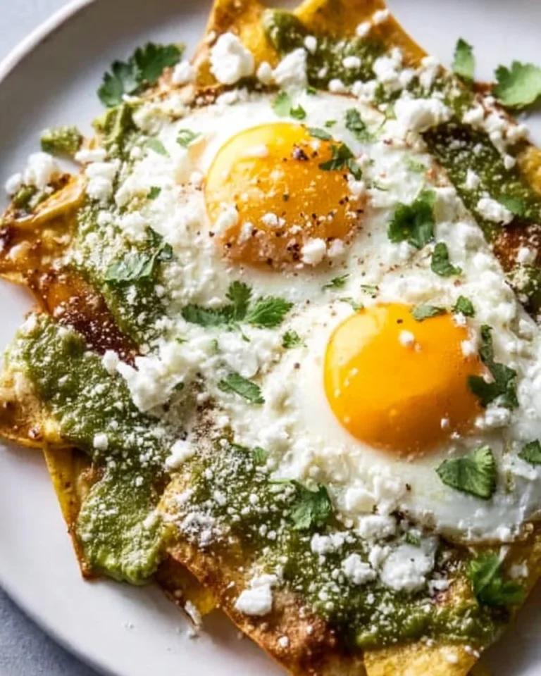 Plate of easy chilaquiles topped with avocado and cheese