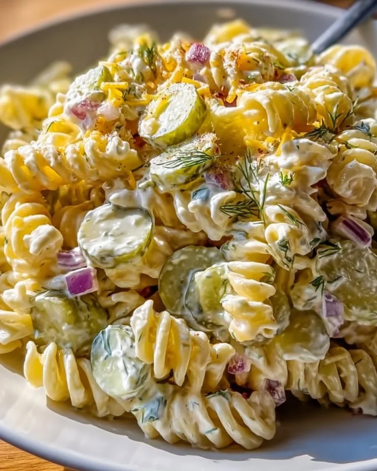 Easy dill pickle pasta salad with fresh ingredients in a bowl