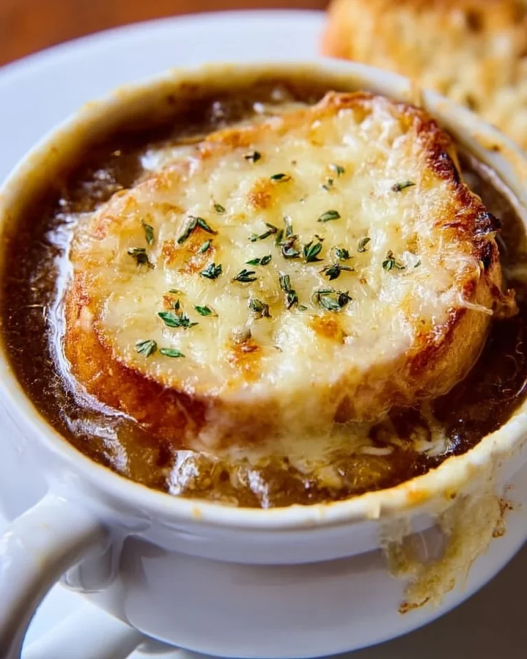 Bowl of easy one-hour French Onion Soup topped with melted cheese.