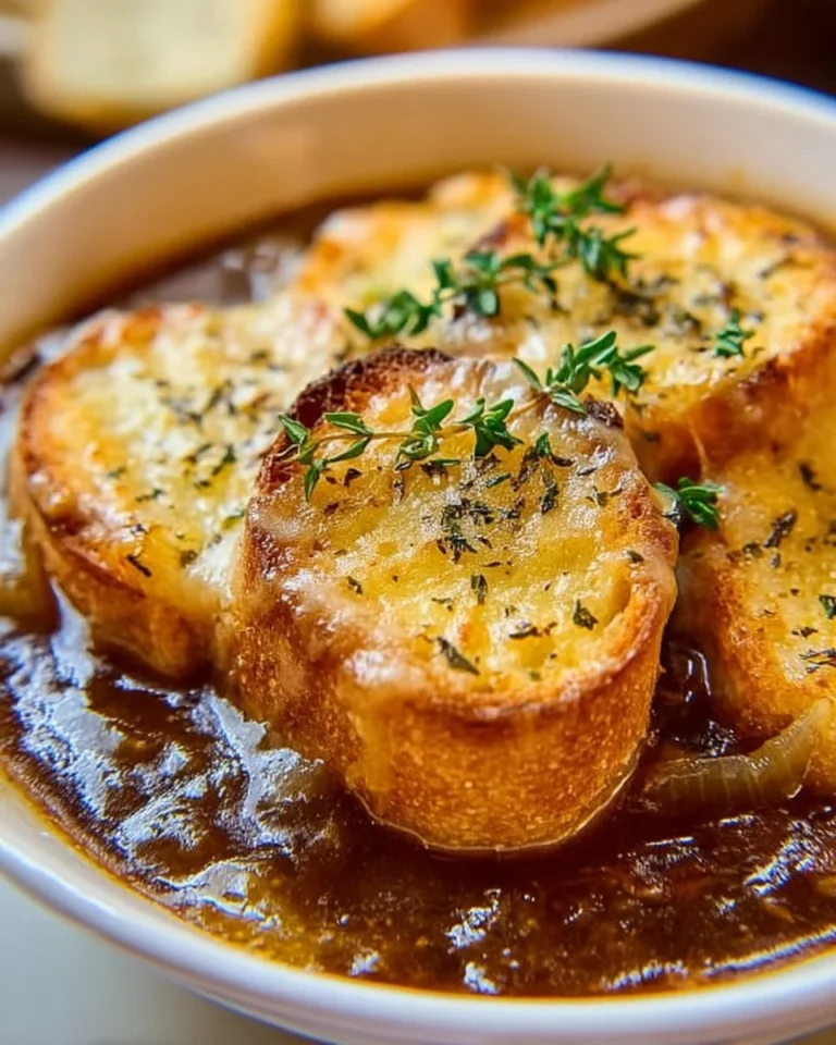 Delicious bowl of easy one-hour French onion soup topped with melted cheese