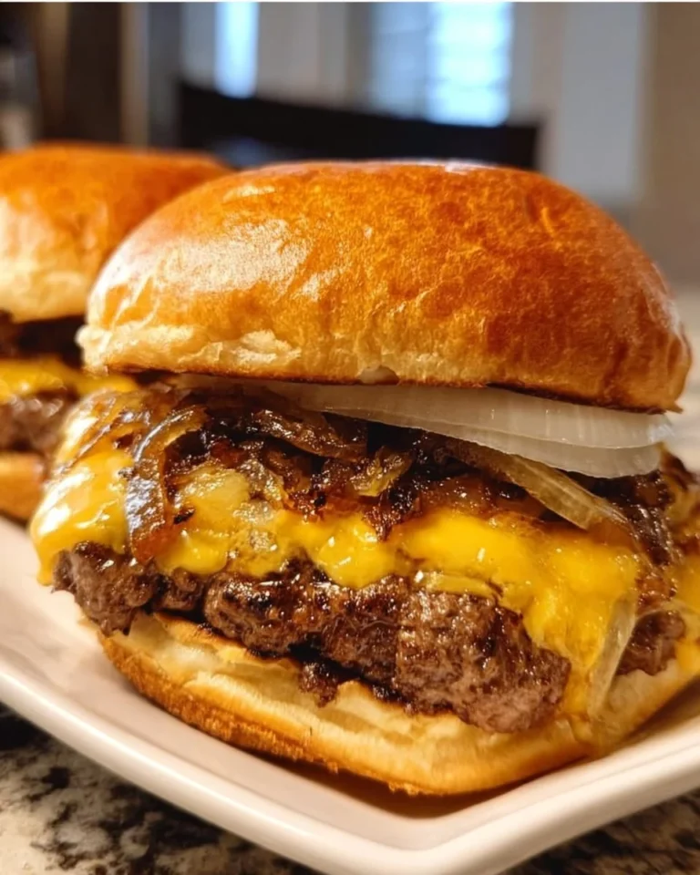 Delicious onion smash burgers on a grill with toppings and fresh ingredients