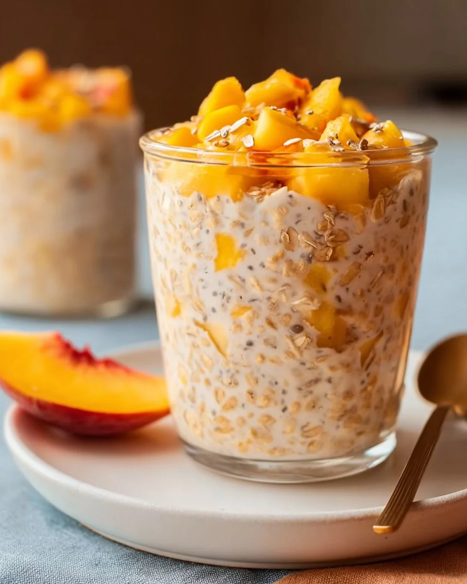 Bowl of easy peach overnight oats topped with fresh peach slices
