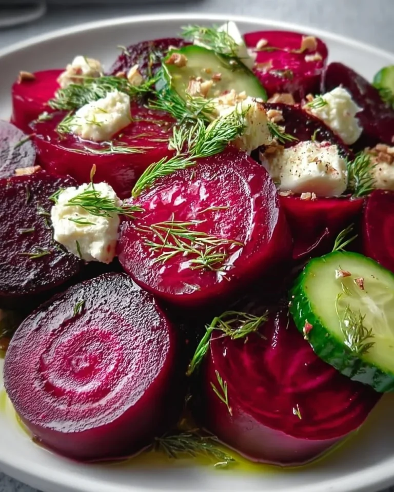 A vibrant easy pickled beet salad topped with fresh herbs and feta cheese.