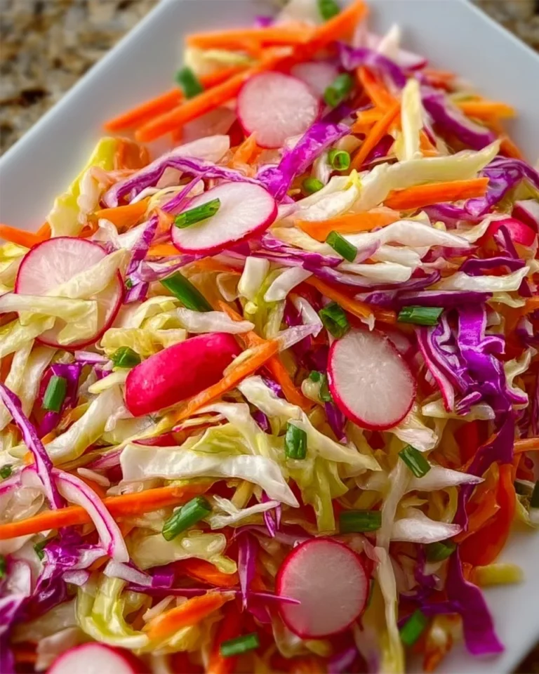 Bowl of easy radish slaw with colorful vegetables and a tangy dressing.