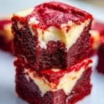 Decadent red velvet cheesecake brownies topped with creamy frosting.