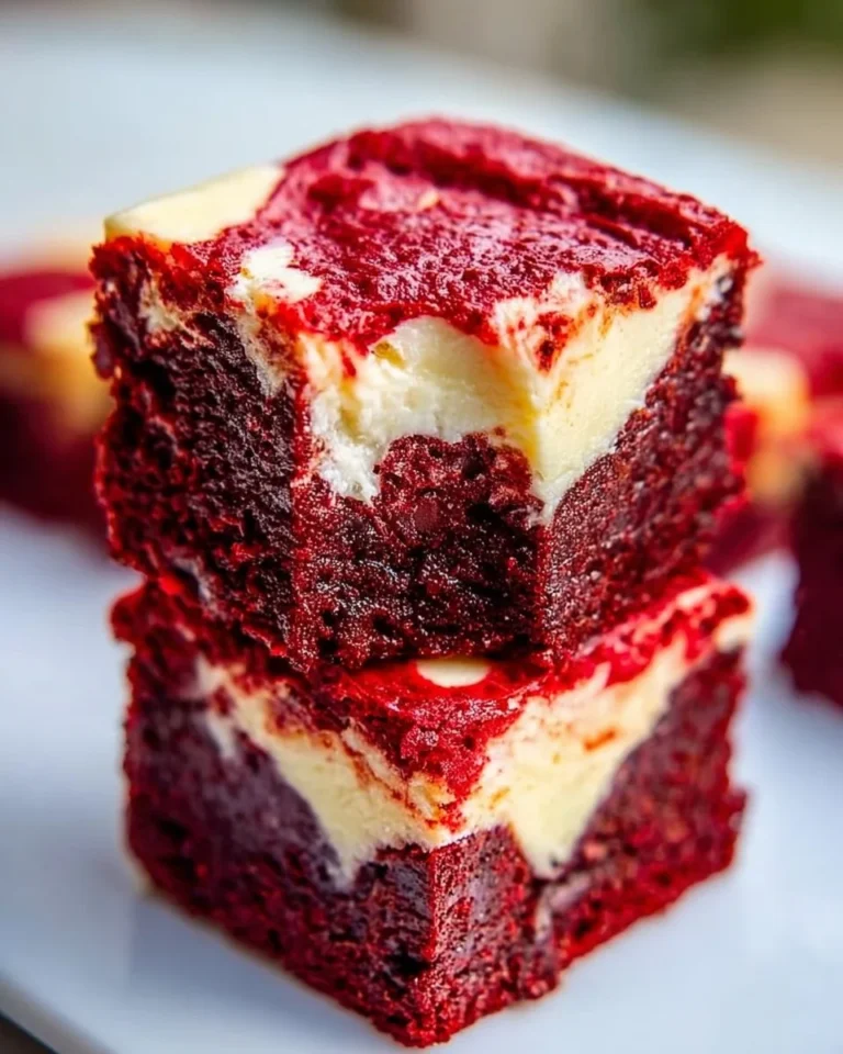 Decadent red velvet cheesecake brownies topped with creamy frosting.