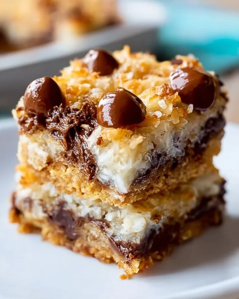 Deliciously layered Seven Layer Bars with chocolate, coconut, and nuts.