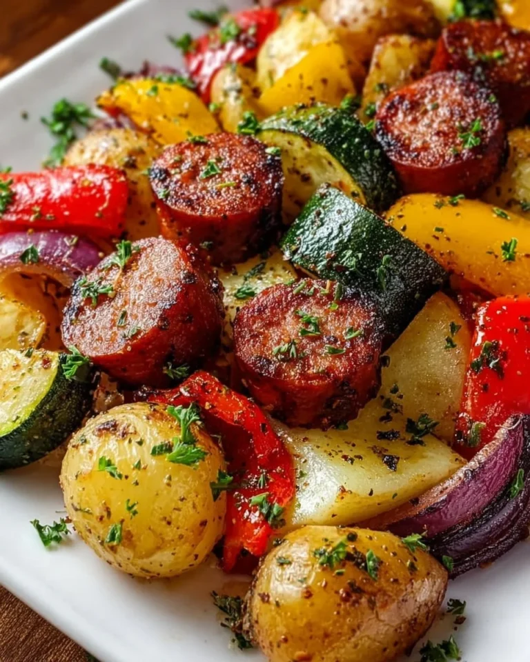 Easy sheet pan sausage with colorful vegetables on a tray for dinner.