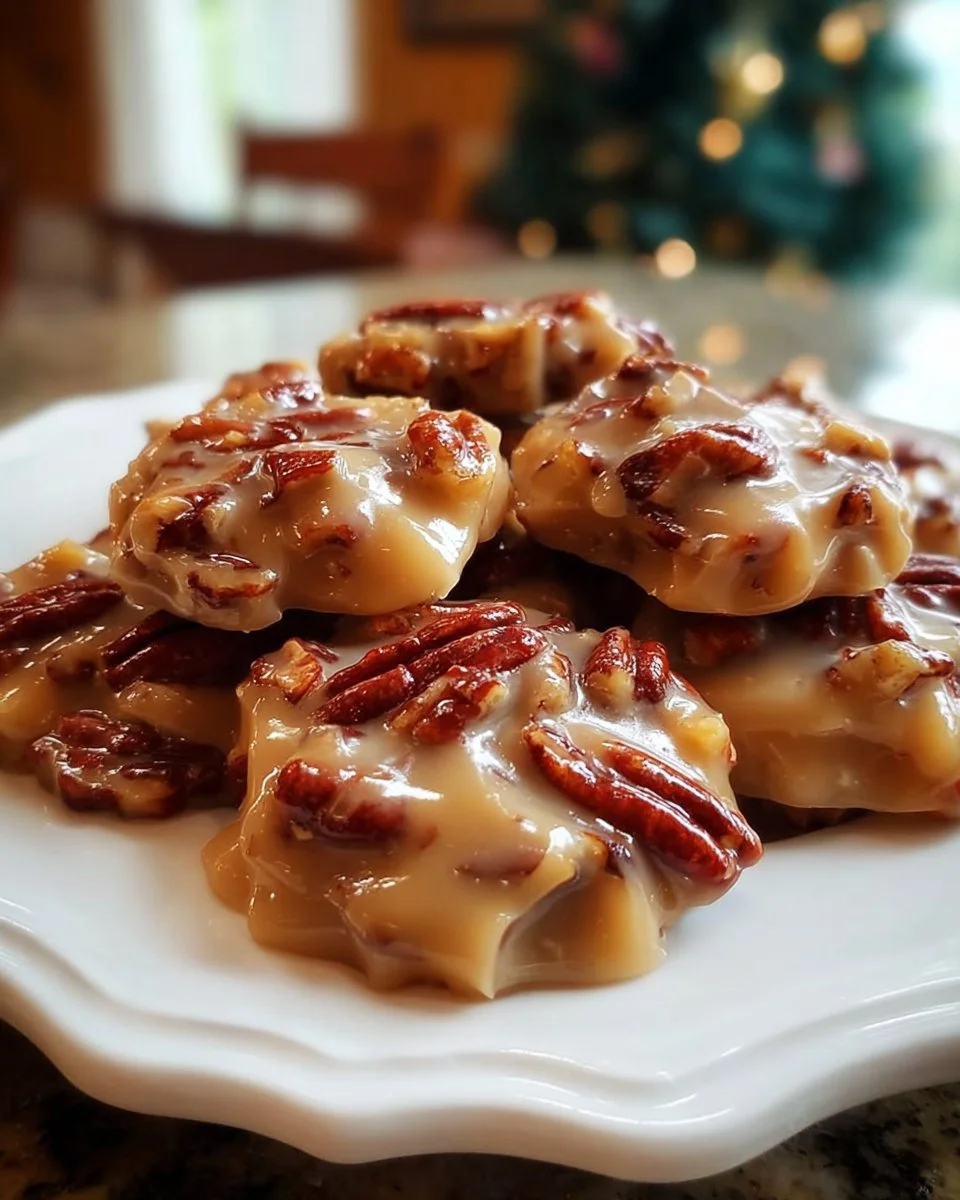 Plate of homemade easy vanilla pecan pralines with nuts and caramel