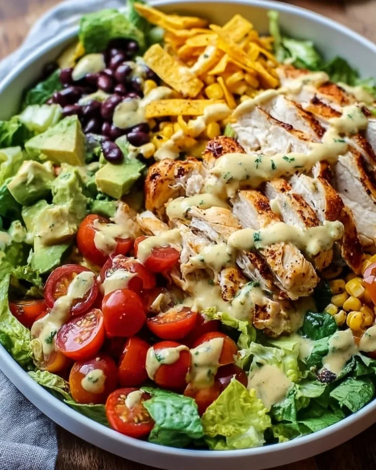 Fiesta Ranch Salad topped with Salsa Verde Chicken and fresh ingredients.