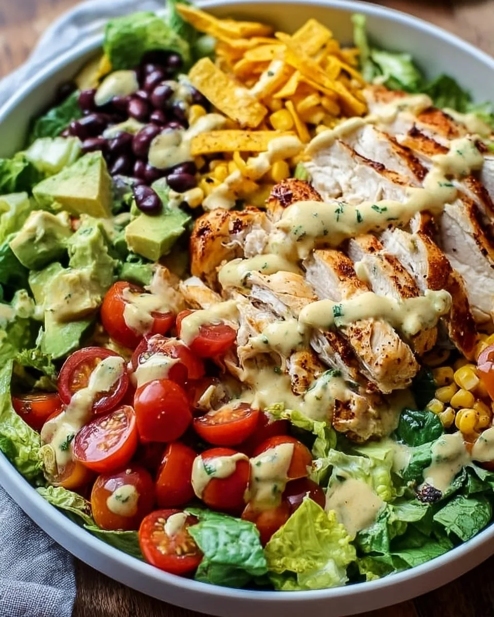 Fiesta Ranch Salad topped with Salsa Verde Chicken and fresh ingredients.