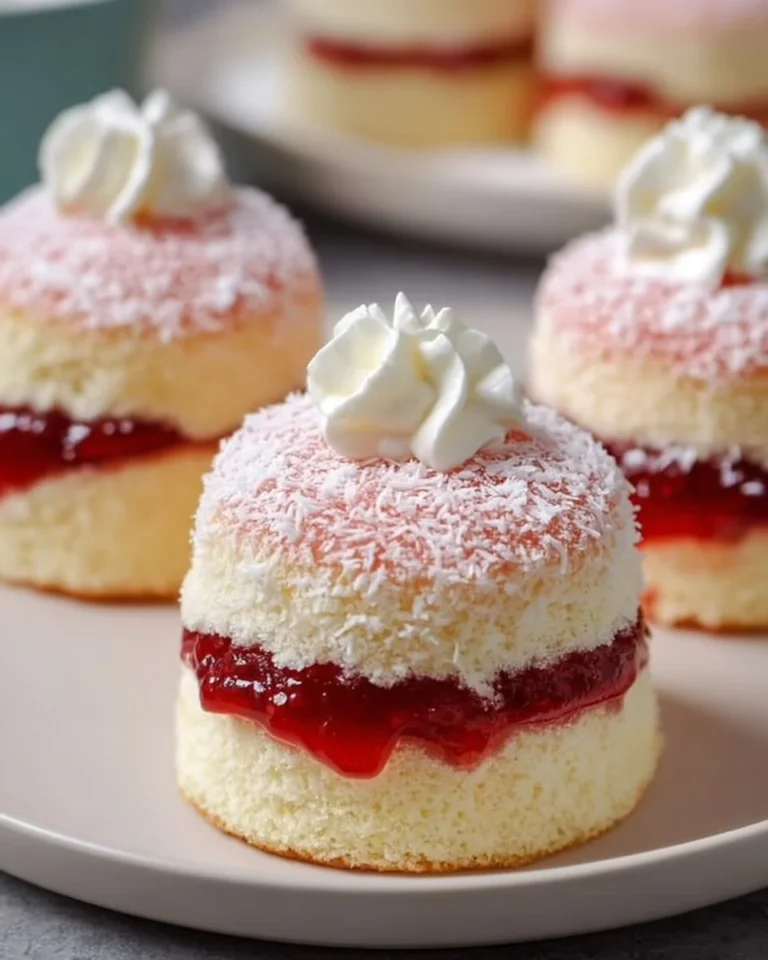 Fluffy vanilla sponge cakes layered with strawberry jelly and whipped cream