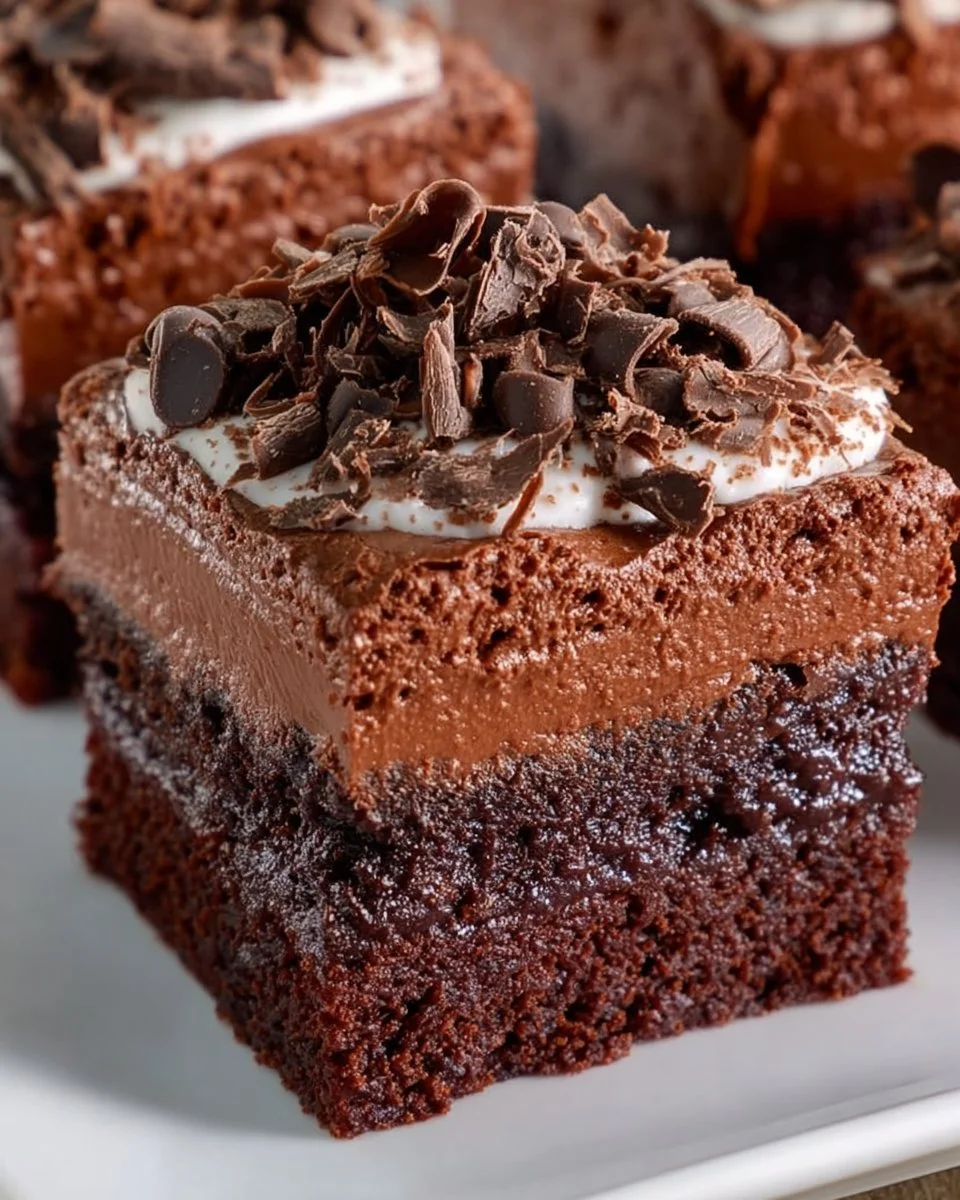 Delicious French Silk Brownies topped with chocolate and whipped cream.
