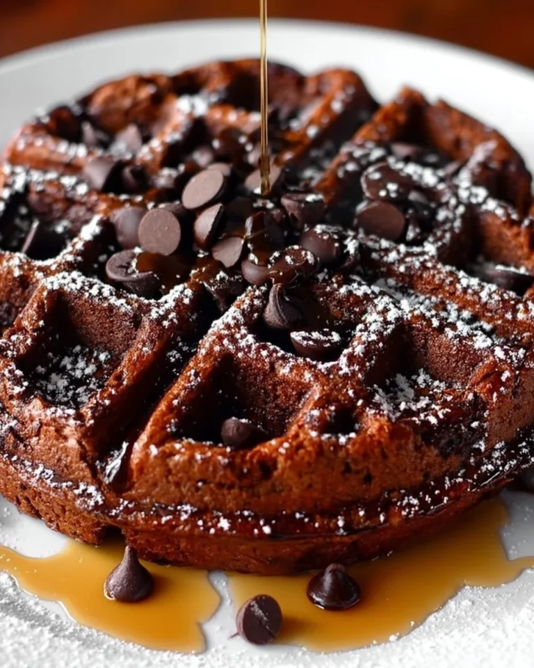 Fudgy brownie waffles topped with chocolate sauce and whipped cream