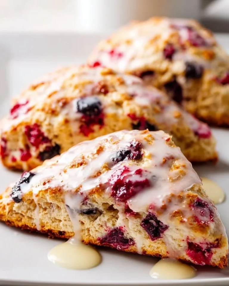 Glazed mixed berry scones topped with icing and fresh berries
