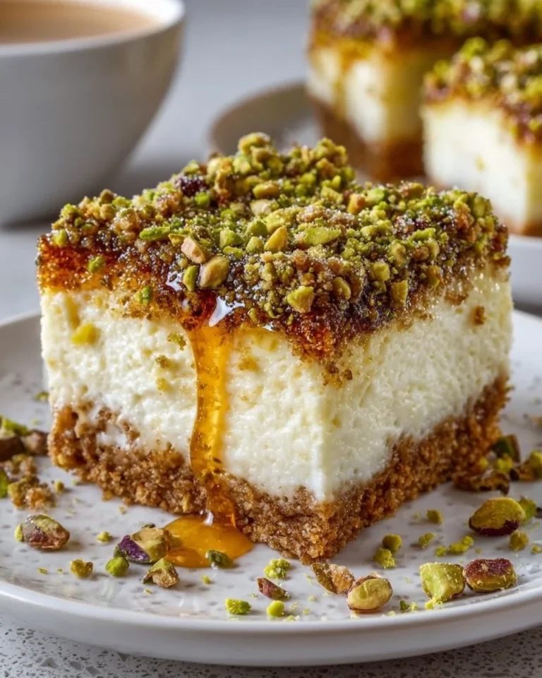 Greek Honey Pistachio Cheesecake Bars with a creamy texture and crunchy pistachios.
