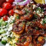 Delicious Greek Shrimp Mediterranean Bowl with fresh vegetables and shrimp