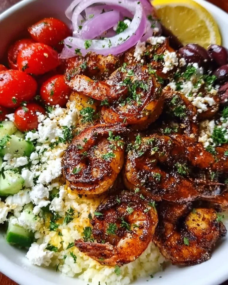 Delicious Greek Shrimp Mediterranean Bowl with fresh vegetables and shrimp