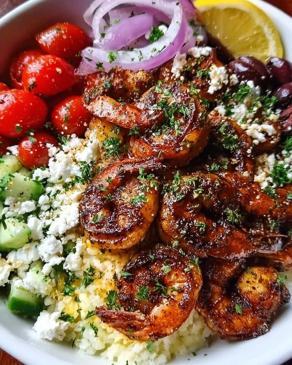 Delicious Greek Shrimp Mediterranean Bowl with fresh vegetables and shrimp