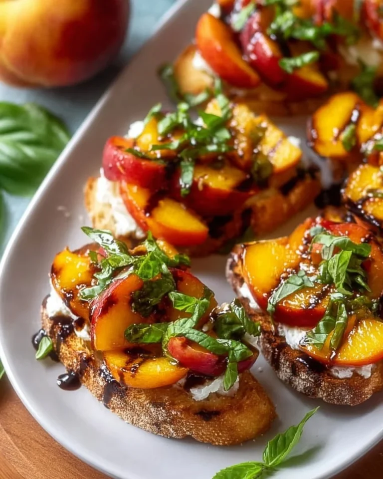 Grilled peach bruschetta topped with fresh basil and balsamic glaze.