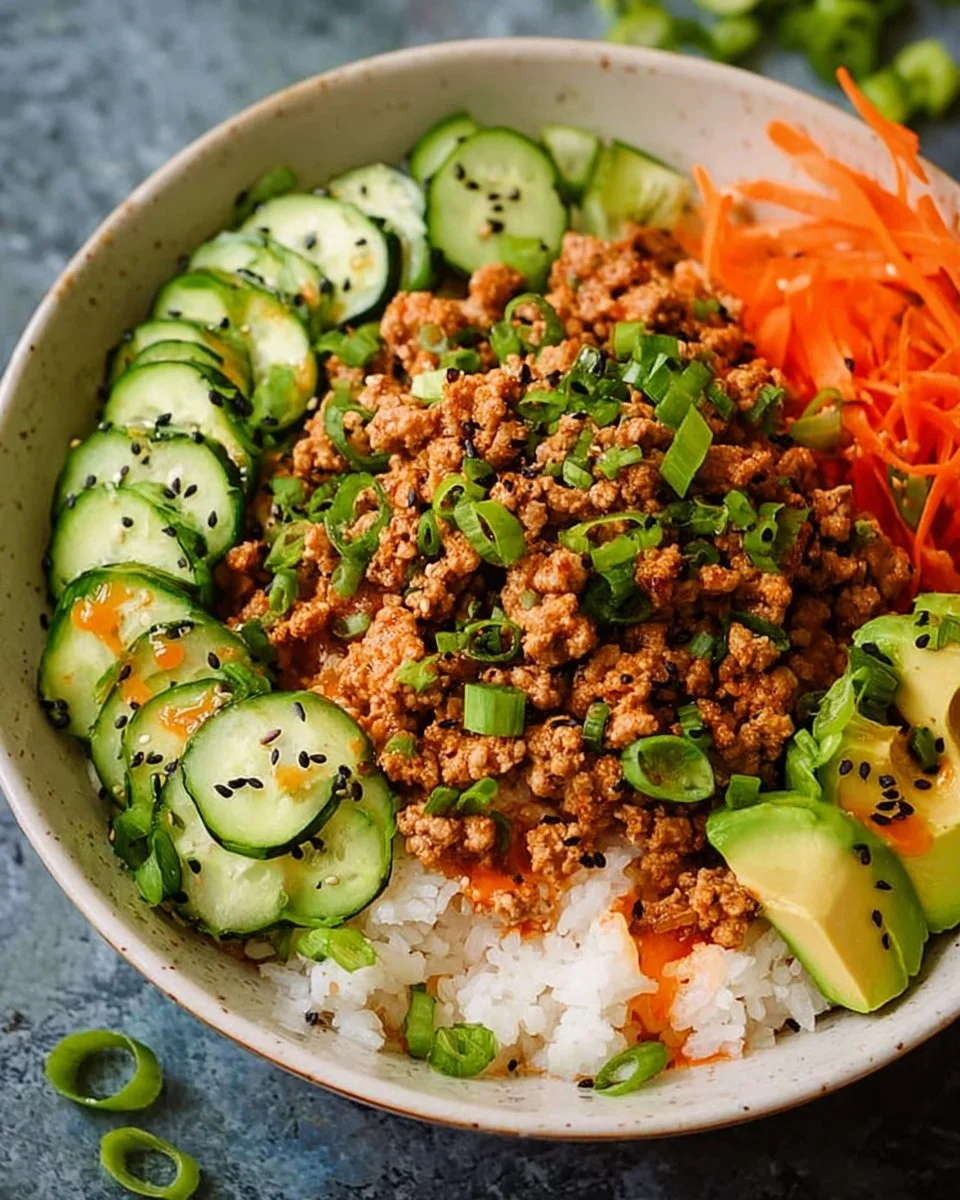 Healthy ground turkey rice bowls topped with colorful vegetables and seasonings