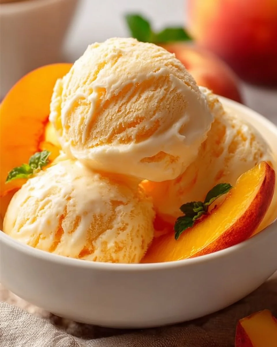 Bowl of healthy peach ice cream made with coconut milk, garnished with fresh peaches.