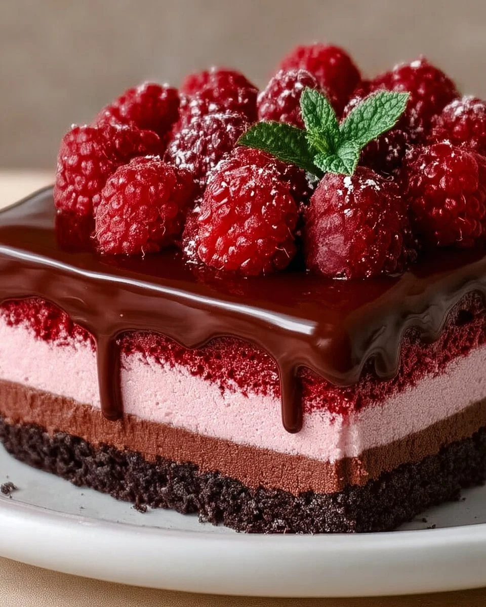 Heavenly Raspberry Chocolate Mousse Cake with rich chocolate and raspberry layers