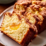 Slice of homemade peach quick bread on a wooden cutting board