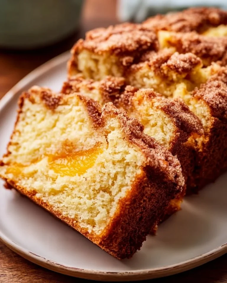 Slice of homemade peach quick bread on a wooden cutting board