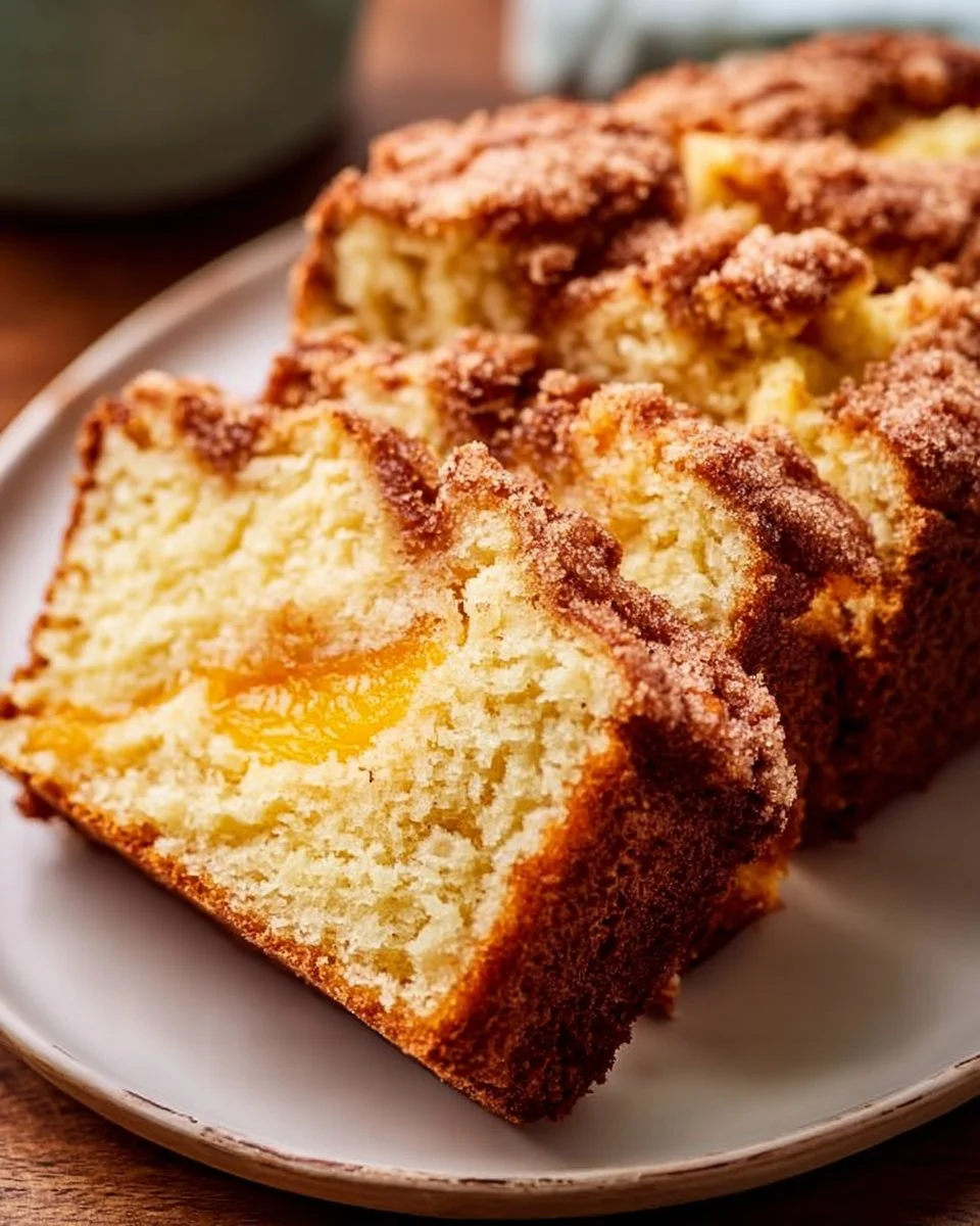 Slice of homemade peach quick bread on a wooden cutting board