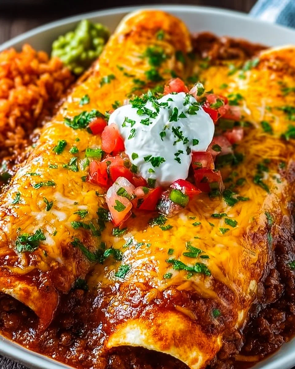 Delicious homemade smothered ground beef burritos ready to be served.