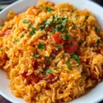 Bowl of homemade Spanish rice garnished with vegetables and herbs
